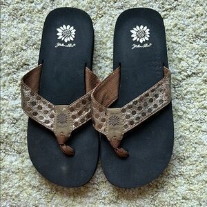 Brown and Black yellow box Flip Flops